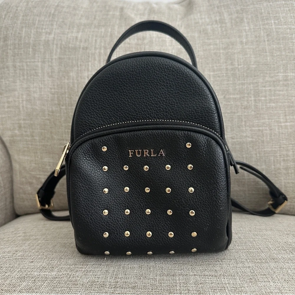 Furla Pebbled Black Studded Women's Backpack